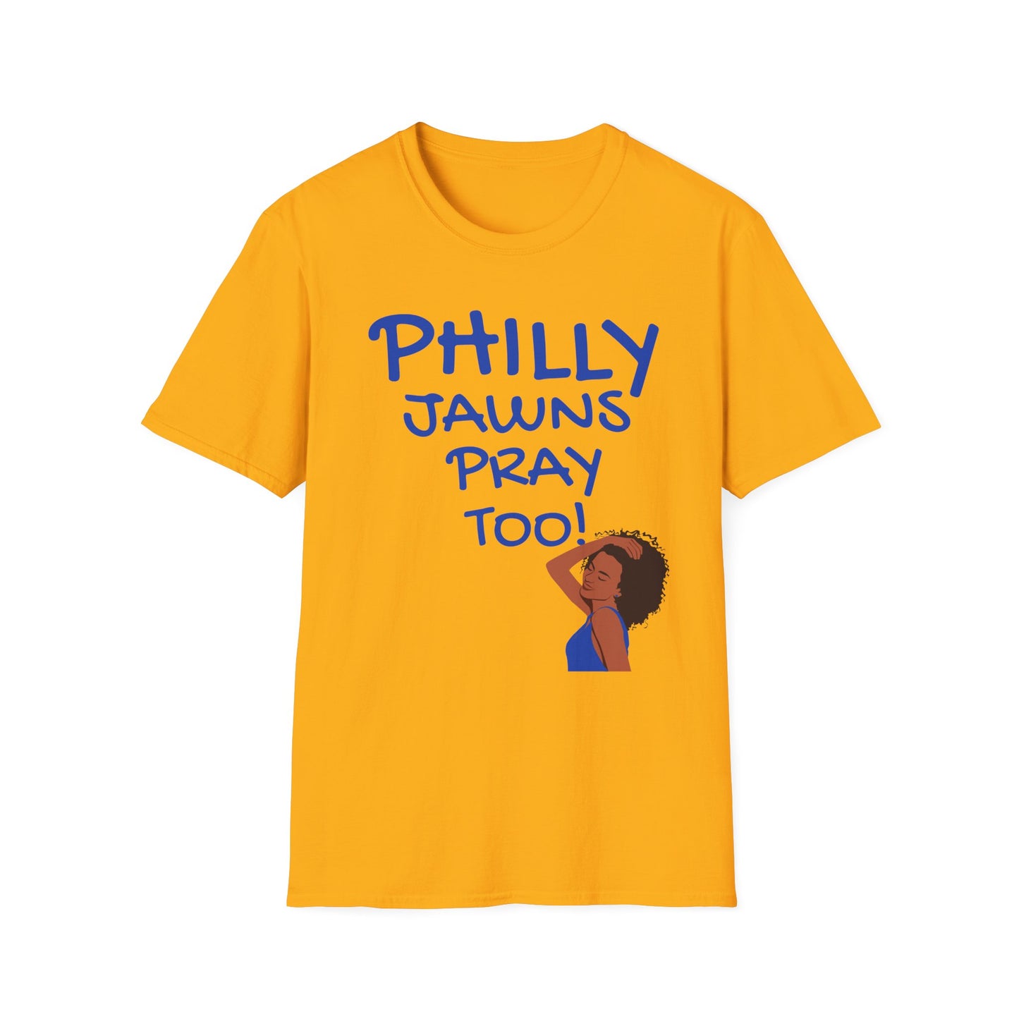 PHILLY JAWNS PRAY TOO BLUE WRITING Unisex Softstyle T-Shirt