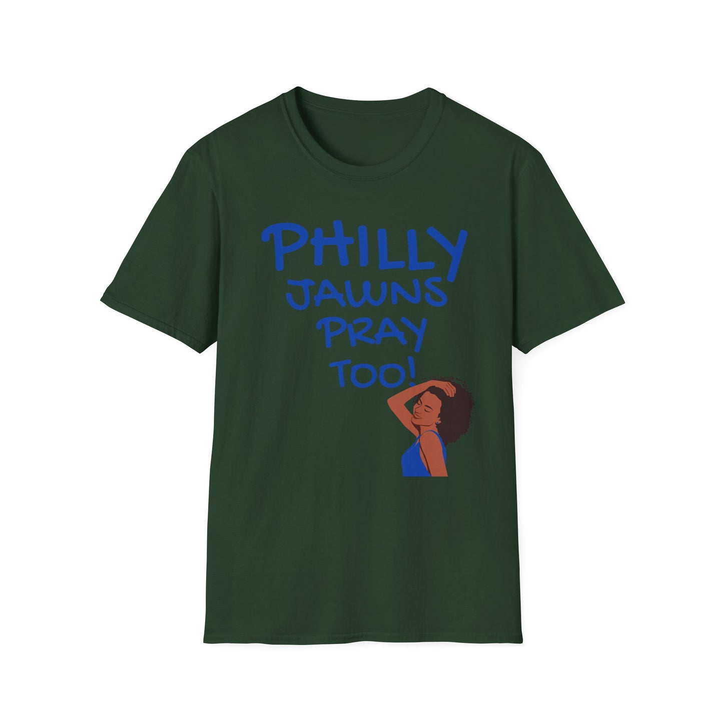 PHILLY JAWNS PRAY TOO BLUE WRITING Unisex Softstyle T-Shirt