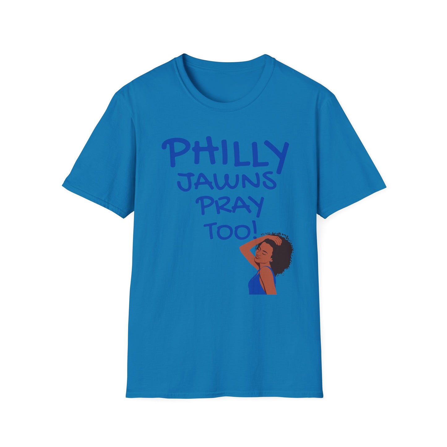 PHILLY JAWNS PRAY TOO BLUE WRITING Unisex Softstyle T-Shirt