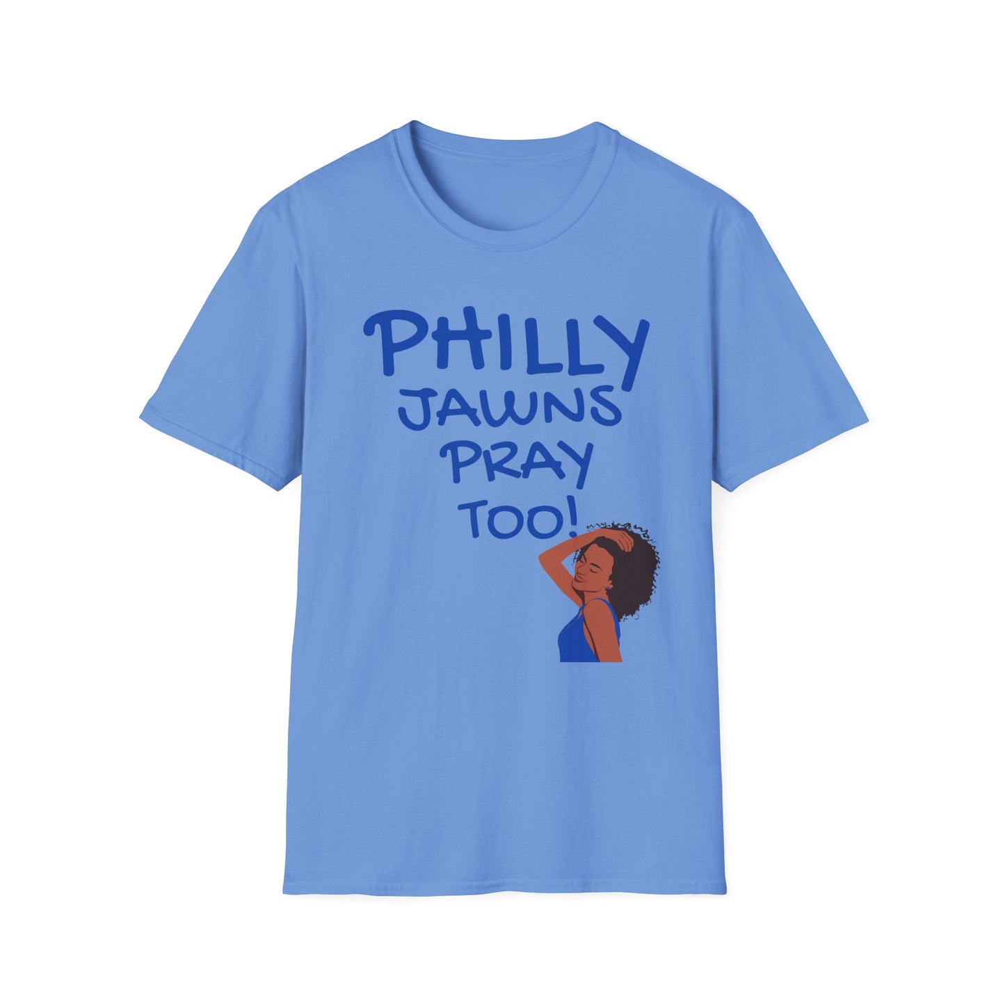 PHILLY JAWNS PRAY TOO BLUE WRITING Unisex Softstyle T-Shirt