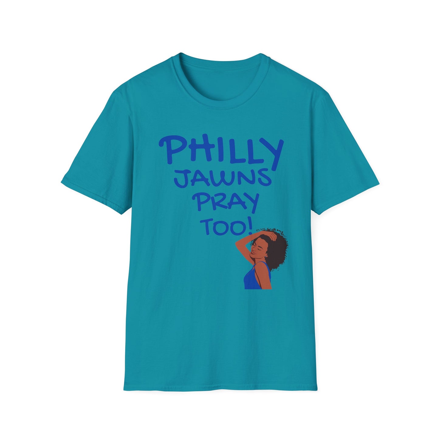 PHILLY JAWNS PRAY TOO BLUE WRITING Unisex Softstyle T-Shirt