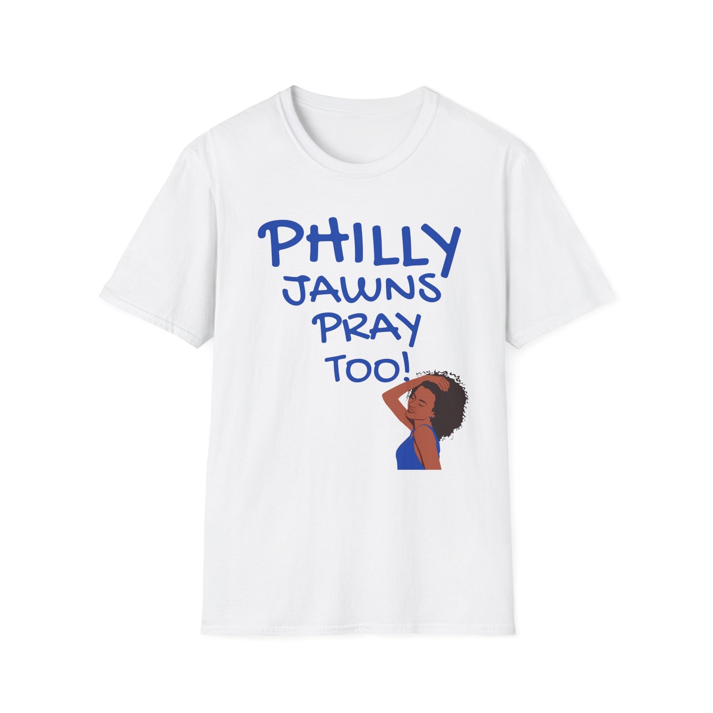 PHILLY JAWNS PRAY TOO BLUE WRITING Unisex Softstyle T-Shirt