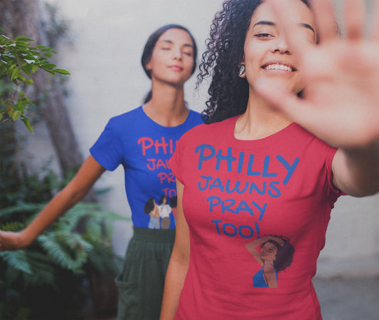 PHILLY JAWNS PRAY TOO BLUE WRITING Unisex Softstyle T-Shirt